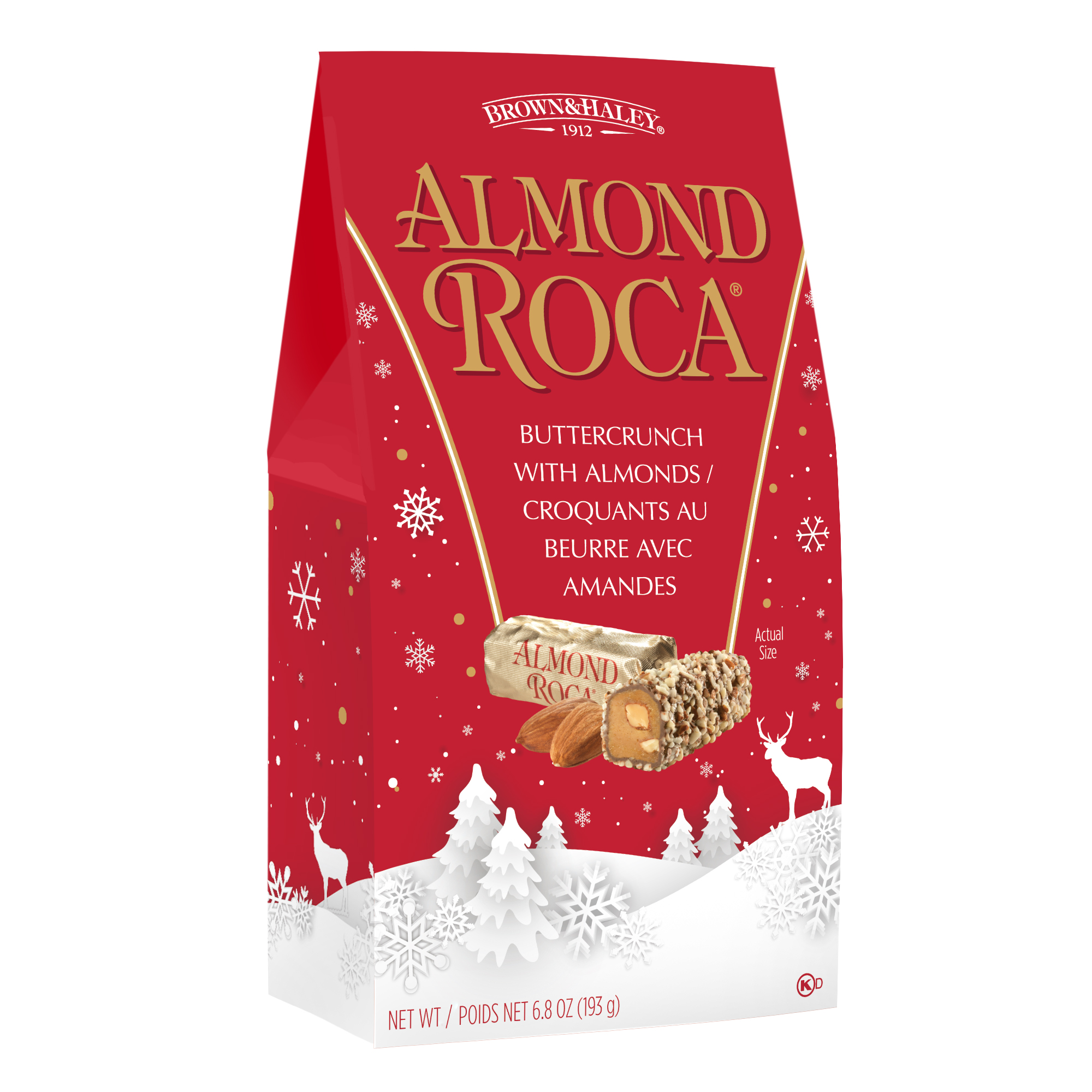 mockup image of the winter design Almond ROCA package straight front view